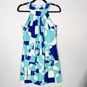 Trina Turk Size 0 Blue White Printed Mod Geometric Shift Dress Racerback Pockets